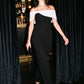 Black/White Asymmetrical Off-Shoulder Knit Jumpsuit - Woman Wearing Elegant Jumpsuit with Satin Bow - Le Chateau