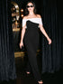 Black/White Asymmetrical Off-Shoulder Knit Jumpsuit - Woman Wearing Elegant Jumpsuit with Satin Bow - Le Chateau