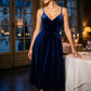 Midnight Blue V-Neck Velour Fit & Flare Cocktail Dress - Woman Wearing Evening Dress with Side Slit Pockets - Le Chateau