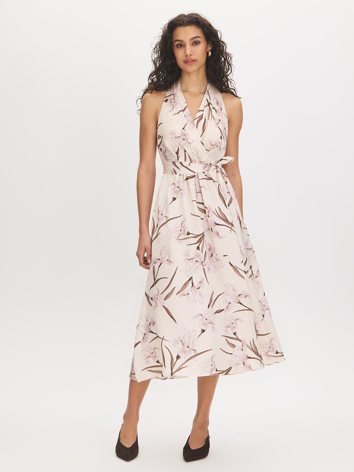 Pink Tint Dot Print Satin Halter Dress - Woman Wearing Crossover Halter Dress - Suzy Shier
