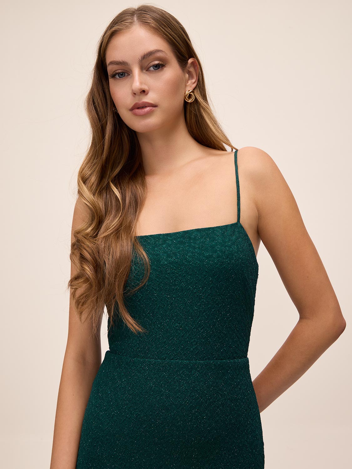 Dark Emerald Glitter Knit Gown with Bow Back - Front View - Le Chateau