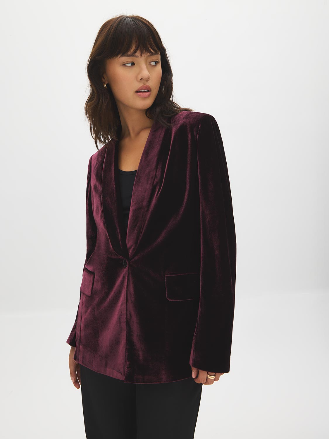 Midnight Plum Velour Blazer with Shawl Collar - Woman Wearing Luxe Knit Blazer - Suzy Shier