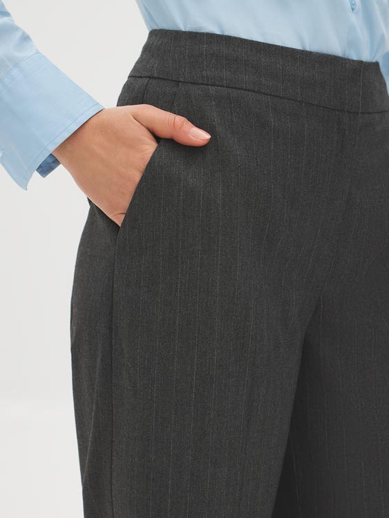 Charcoal/White Pinstripe Wide-Leg Trousers - Pocket Detail - Suzy Shier