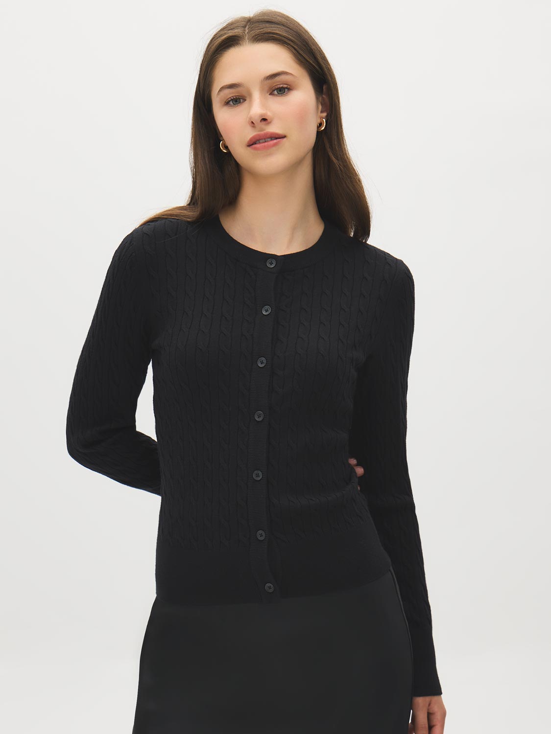 Black Cable Stitch Button-Front Cardigan - Woman Wearing Knit Sweater - Suzy Shier