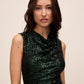 Dark Emerald Sleeveless Sequin Midi Sheath Dress - Close-up Neckline Detail - Le Chateau