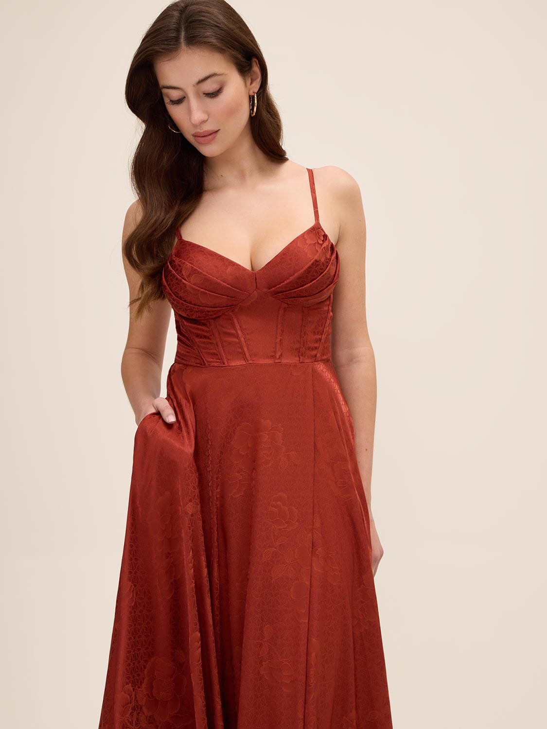 Rust Jacquard Floral Gown with Sweetheart Neckline - Woman Wearing Elegant Evening Dress - Le Chateau