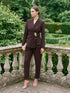 Chestnut Side Tab Pleated Slim Pant - Woman Wearing Tailored Woven Trousers - Le Chateau