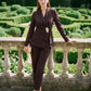 Chestnut Gold Trim Side Wrap Blazer - Woman Wearing Structured Evening Jacket - Le Chateau