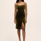 Olive Velvet Bustier Midi Dress - Woman Wearing Elegant Wrap Skirt Dress - Le Chateau