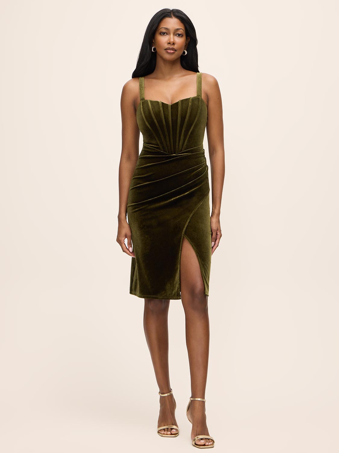 Olive Velvet Bustier Midi Dress - Woman Wearing Elegant Wrap Skirt Dress - Le Chateau