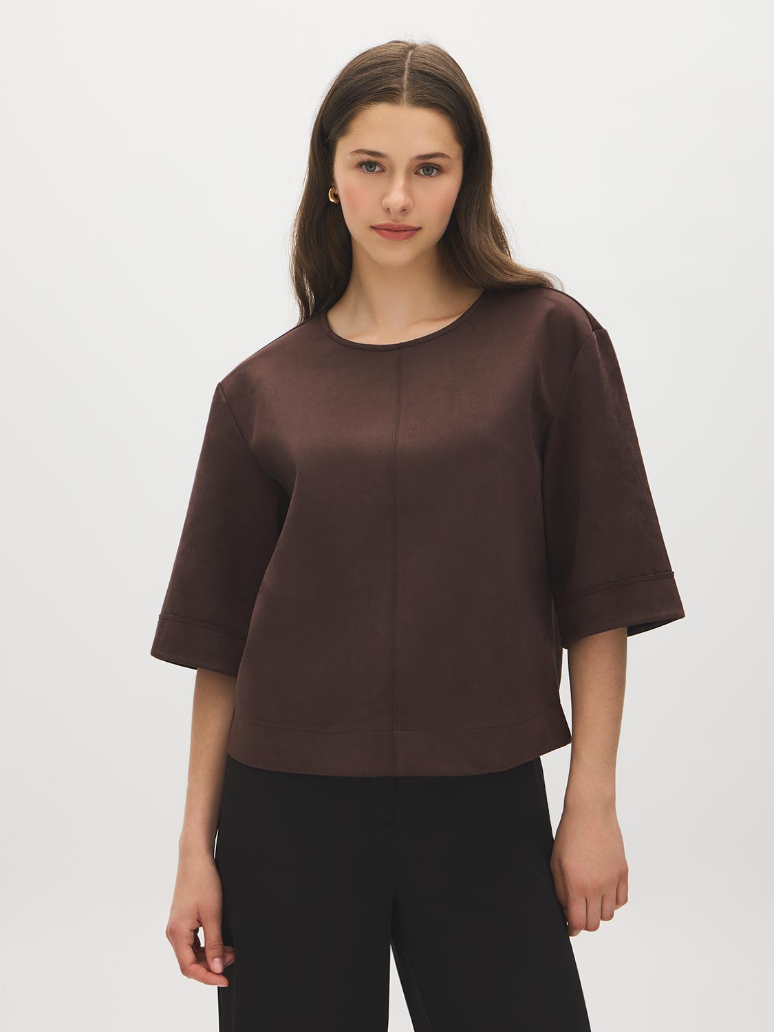 Coffee Bean Faux Suede Boxy Top - Woman Wearing Crew Neck Short Sleeve Top - Suzy Shier
