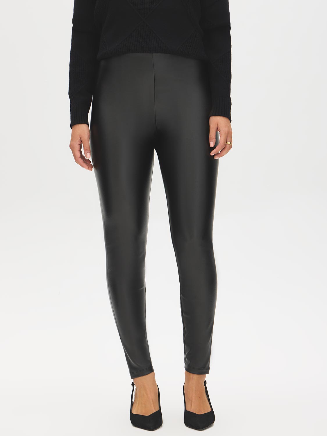 Black Coated Knit High-Rise Skinny Pant - Front View - Suzy Shier