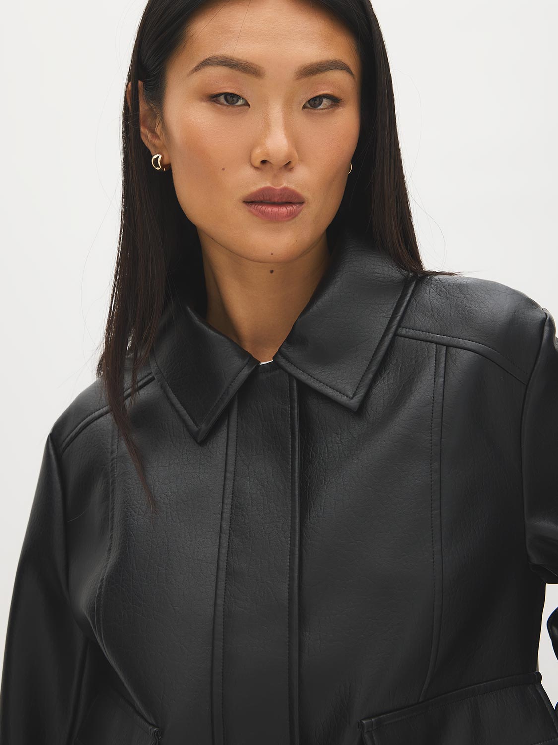 Black Oversized Faux Leather Utility Jacket - Collar Detail - Suzy Shier