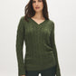 Ivy Melange V-Neck Cable Knit Sweater - Woman Wearing Cozy Knit Top - Suzy Shier
