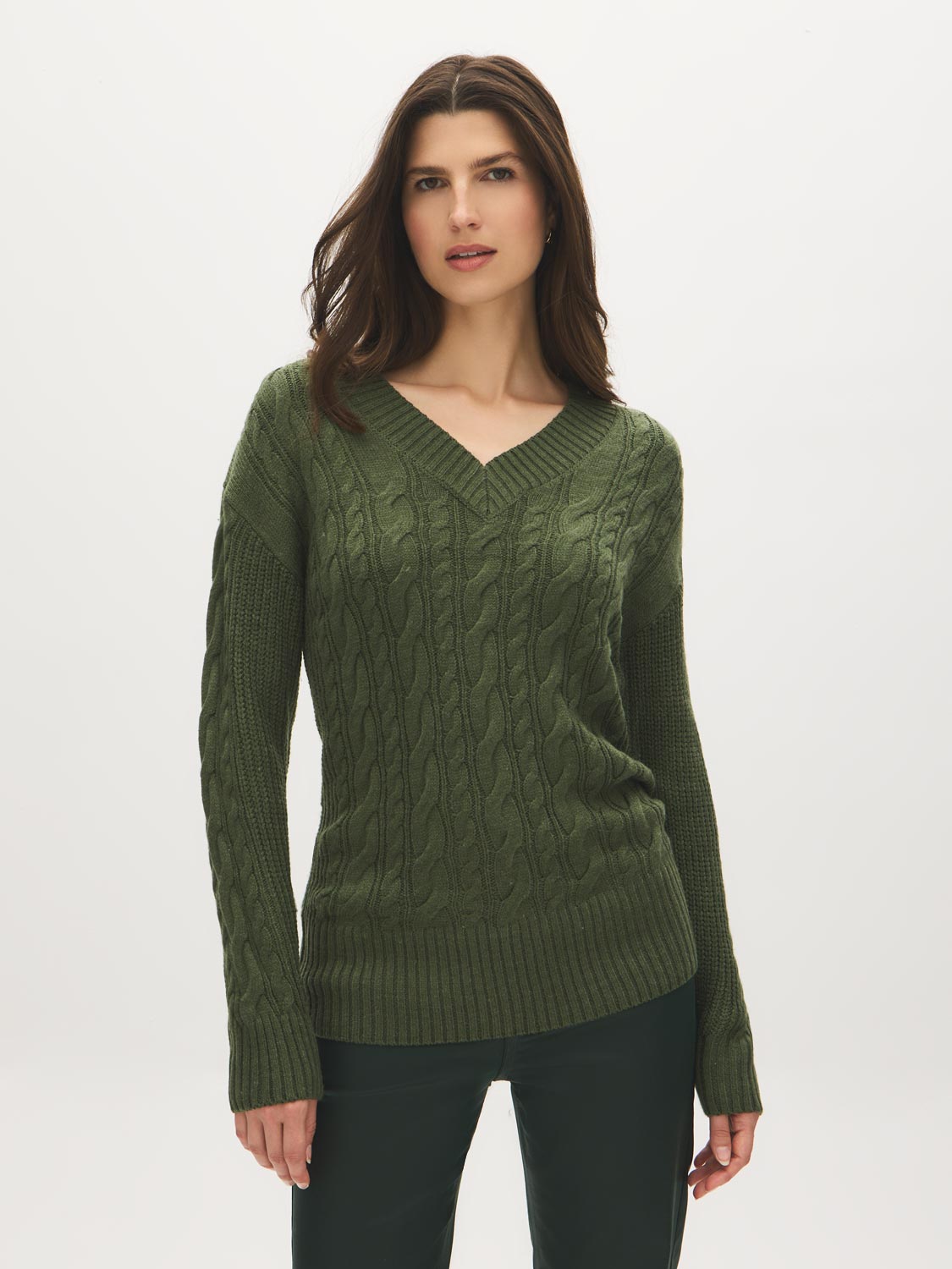 Ivy Melange V-Neck Cable Knit Sweater - Woman Wearing Cozy Knit Top - Suzy Shier