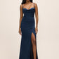 Midnight Blue Stretch Satin Gown with Bustier Upper - Woman Wearing Elegant Evening Dress - Le Chateau