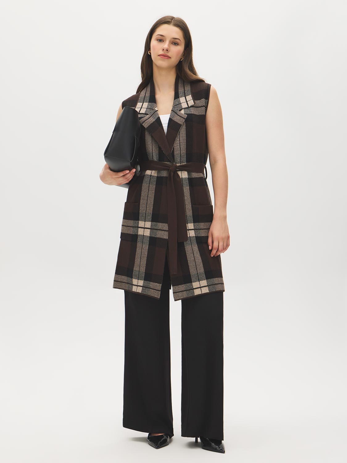 Brown/Black/Tan Jacquard Sleeveless Duster - Front View - Suzy Shier