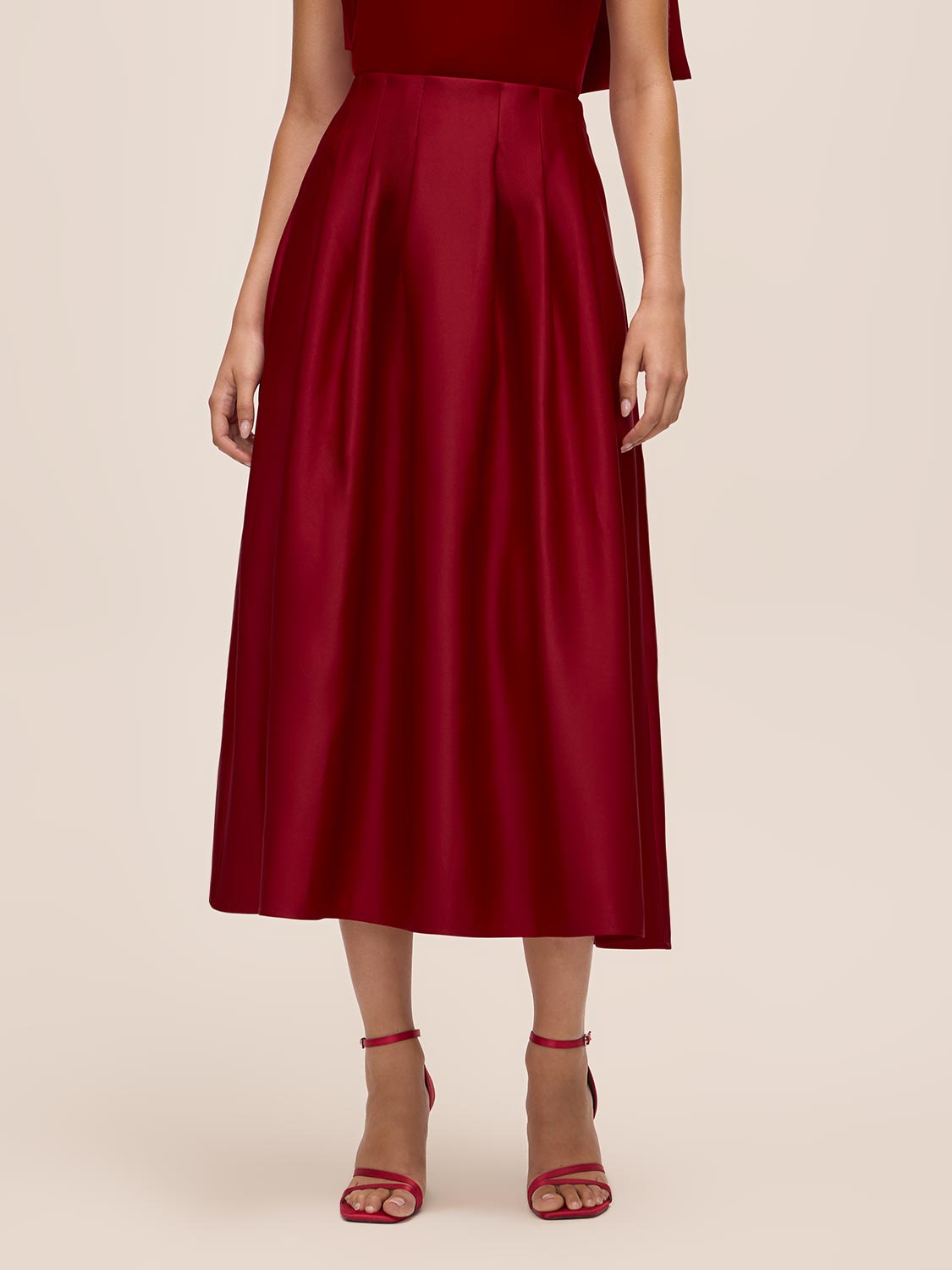 Lipstick Red Satin Pleated Skirt - Front View - Le Chateau