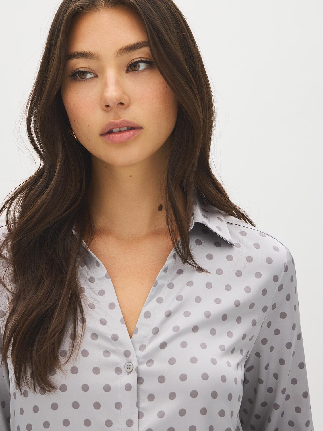 Dolphin Dot Print Satin-Like Blouse - Close-up Fabric Detail - Suzy Shier