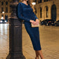 Sapphire/Black Lurex Sparkle Knit Cowl Neck Dress - Woman Wearing Sheath Dress with Side Ruching - Le Chateau