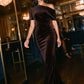 Chocolate Velour Gown with Asymmetrical Neckline - Woman Wearing Formal Evening Dress - Le Chateau