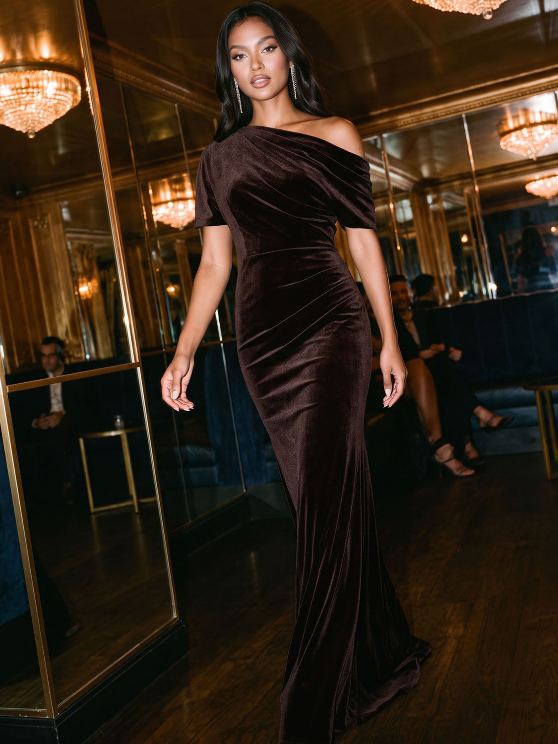 Chocolate Velour Gown with Asymmetrical Neckline - Woman Wearing Formal Evening Dress - Le Chateau