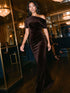 Chocolate Velour Gown with Asymmetrical Neckline - Woman Wearing Formal Evening Dress - Le Chateau