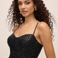 Black Sequin Mesh Gown with Bustier Upper - Close-up Bustier Detail - Le Chateau