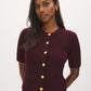 Bruised Burgundy Ribbed Button-Front Cardigan - Woman Wearing Short Sleeve Knit Sweater - Suzy Shier