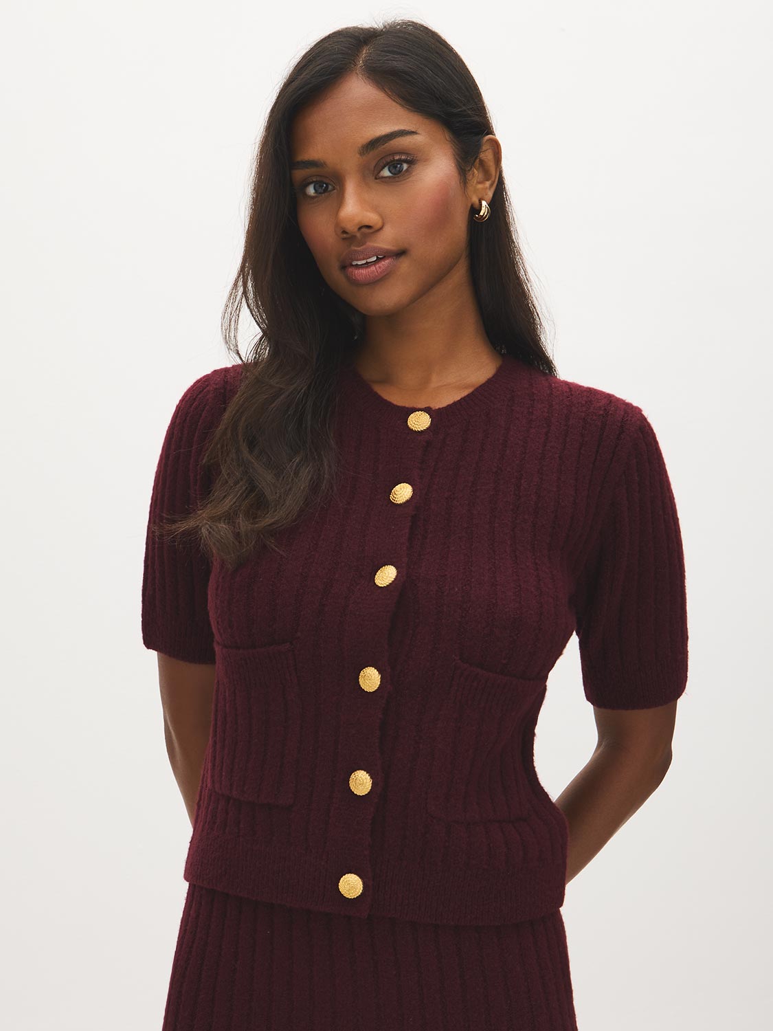 Bruised Burgundy Ribbed Button-Front Cardigan - Woman Wearing Short Sleeve Knit Sweater - Suzy Shier