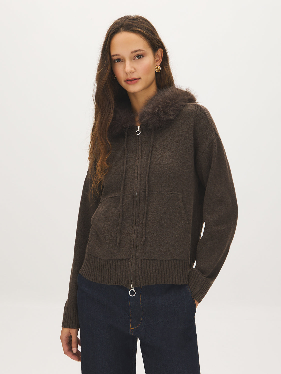 Chocolate Brown Hooded Sweater with Detachable Faux Fur Trim - Woman Wearing Long Sleeve Knit Sweater - Suzy Shier