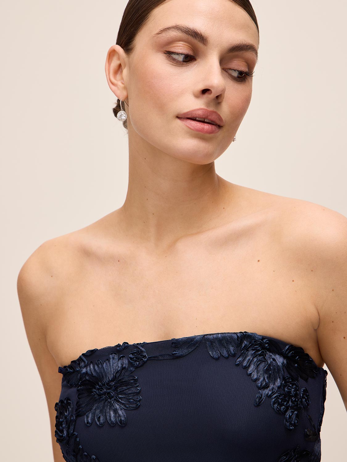 Dark Sapphire Strapless Mermaid Hem Gown - Close-up Fabric Detail - Le Chateau