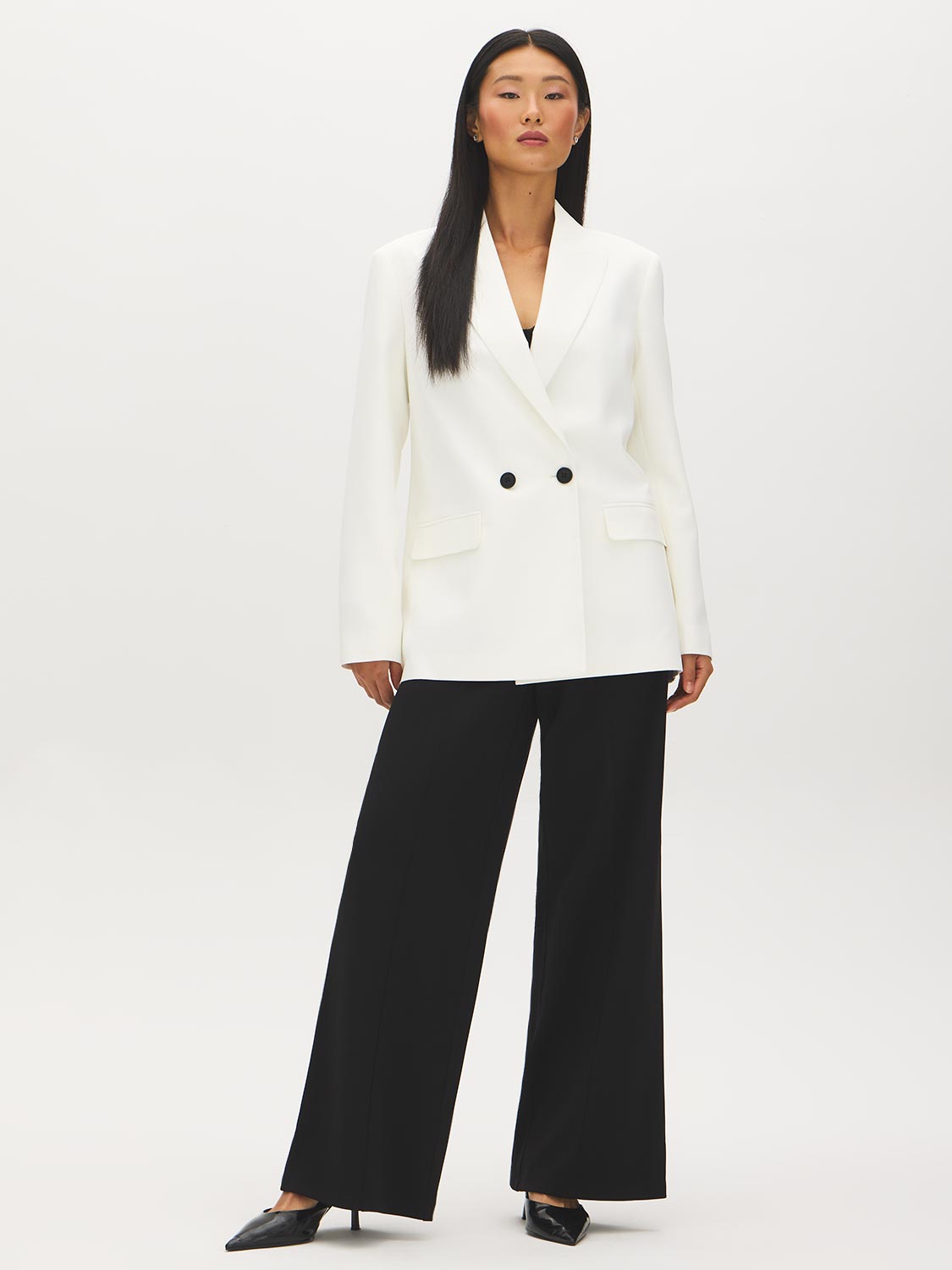 Off White Double-Breasted Blazer with Notch Collar - Front View - Suzy Shier