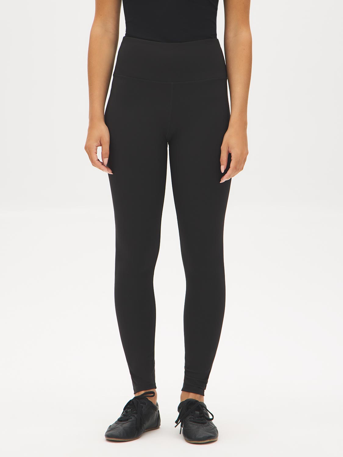 Black Brushed Knit Leggings with Wide Waistband - Front View - Suzy Shier