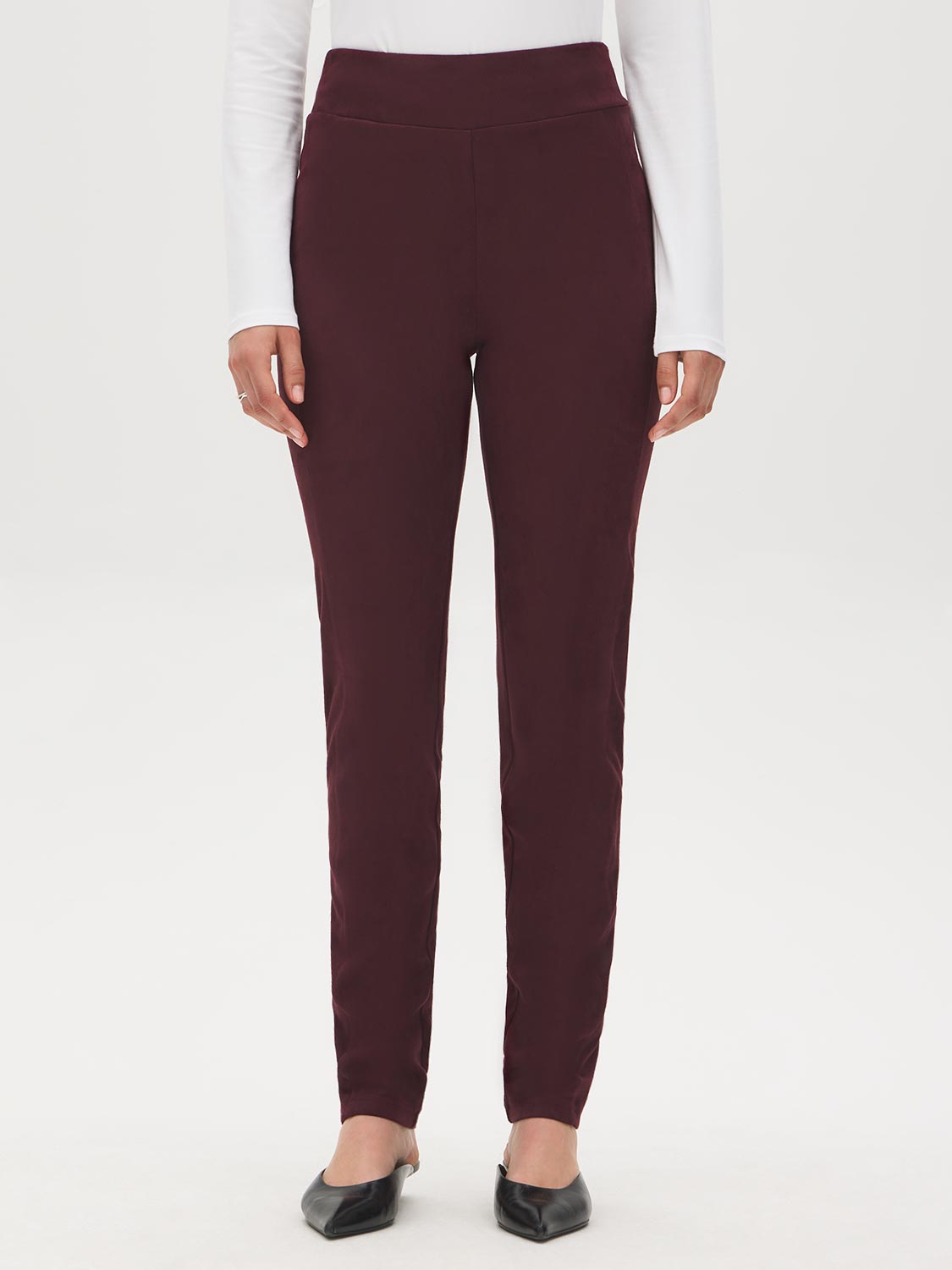 Winetasting Faux Suede Slim Leg Pull-On Pant - Front View - Suzy Shier