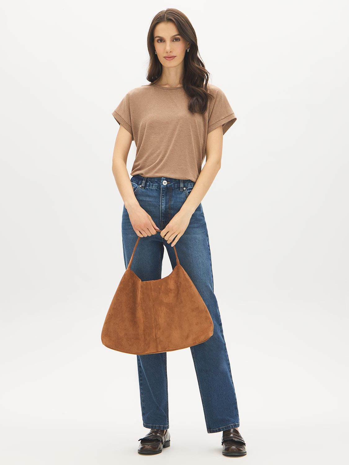 Brown Melange Striped Dolman Sleeve Knit Top - Front View - Suzy Shier