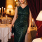 Dark Emerald Sleeveless Sequin Midi Sheath Dress - Woman Wearing Party Dress with Side Shirring - Le Chateau