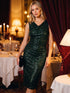 Dark Emerald Sleeveless Sequin Midi Sheath Dress - Woman Wearing Party Dress with Side Shirring - Le Chateau