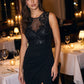 Black Illusion Upper Sequin Sheath Dress - Woman Wearing Cocktail Length Dress with Front Slit - Le Chateau