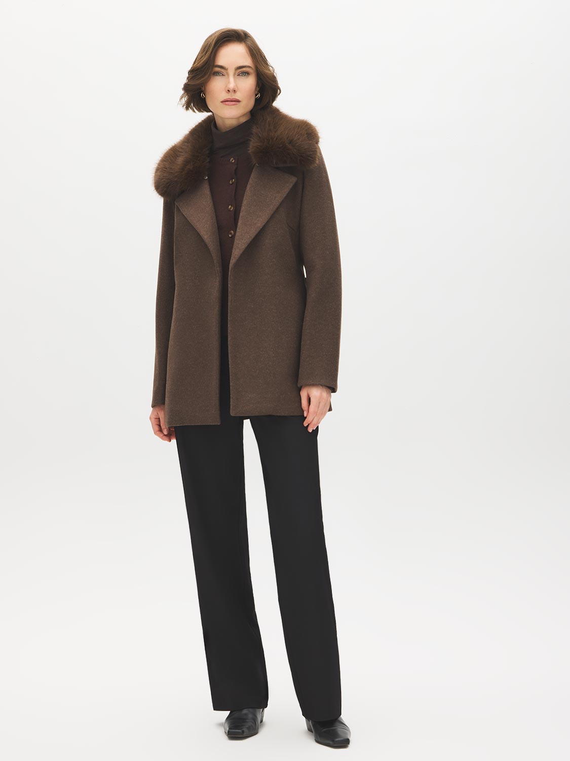 Dark Brown Melange Short Belted Faux Wool Coat - Full Body Front View - Suzy Shier