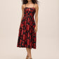 Red/Black Sequin Floral Mesh Bustier Midi Dress - Woman Wearing Fit & Flare Evening Dress - Le Chateau