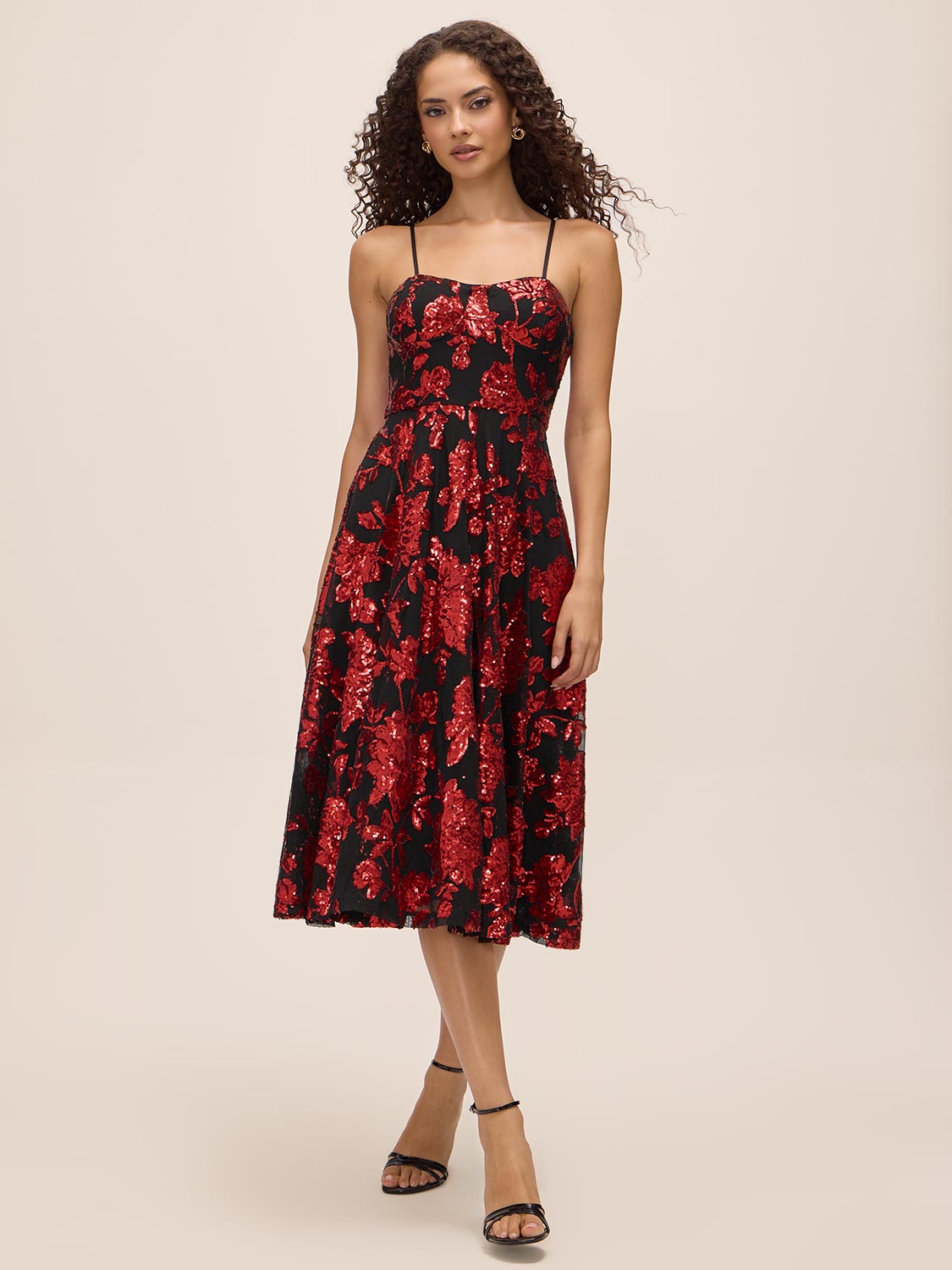 Red/Black Sequin Floral Mesh Bustier Midi Dress - Woman Wearing Fit & Flare Evening Dress - Le Chateau