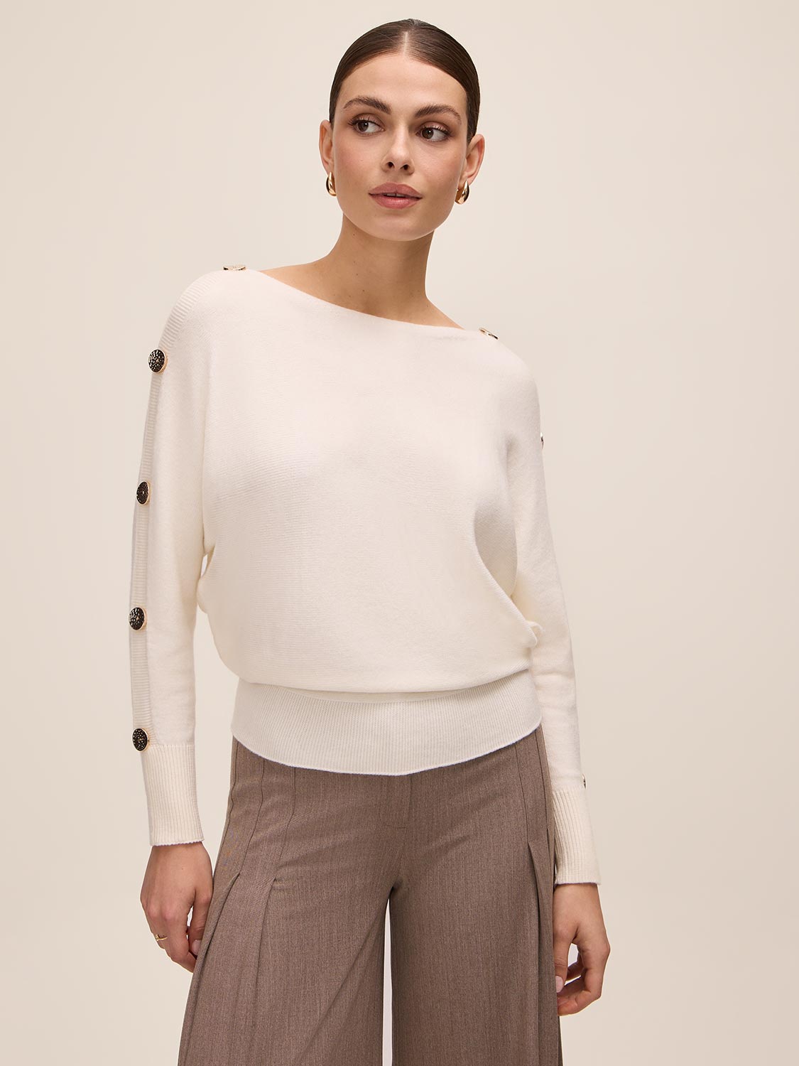 Off White Dolman Sleeve Sweater with Gold Buttons - Front View - Le Chateau