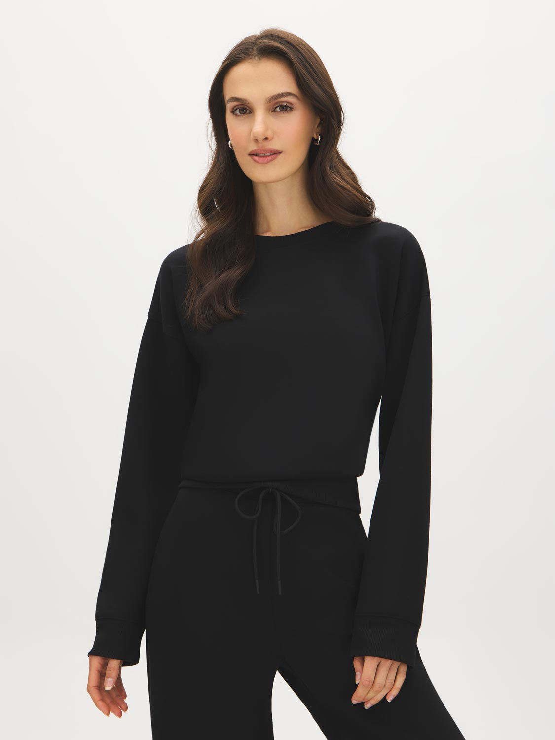 Coffee Bean Cloud Fleece Top with Drop Shoulder Sleeves - Woman Wearing Relaxed Knit Top - Suzy Shier
