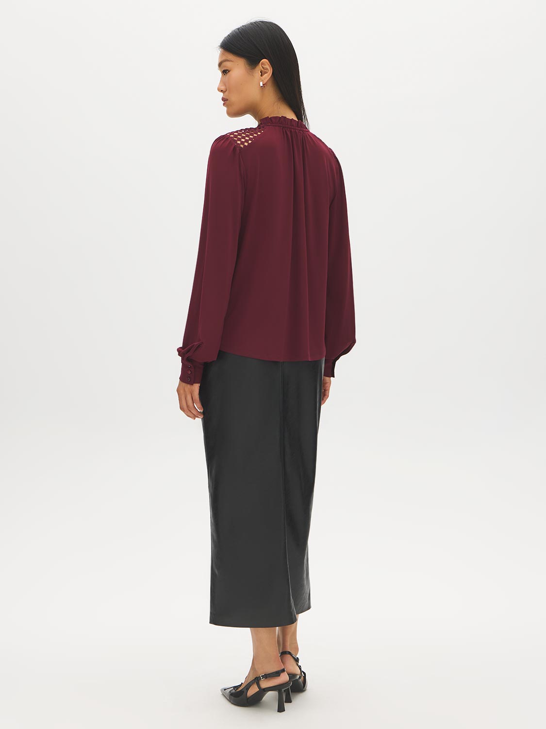 Zinfandel Balloon Sleeve Knit Top with Crochet Shoulders - Back View - Suzy Shier