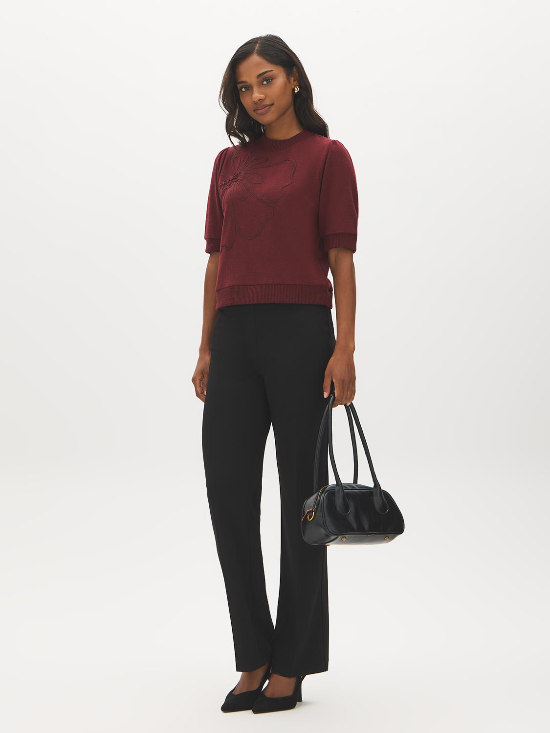 Zinfandel Melange Cropped Hacci Top with Puff Sleeves - Front View - Suzy Shier