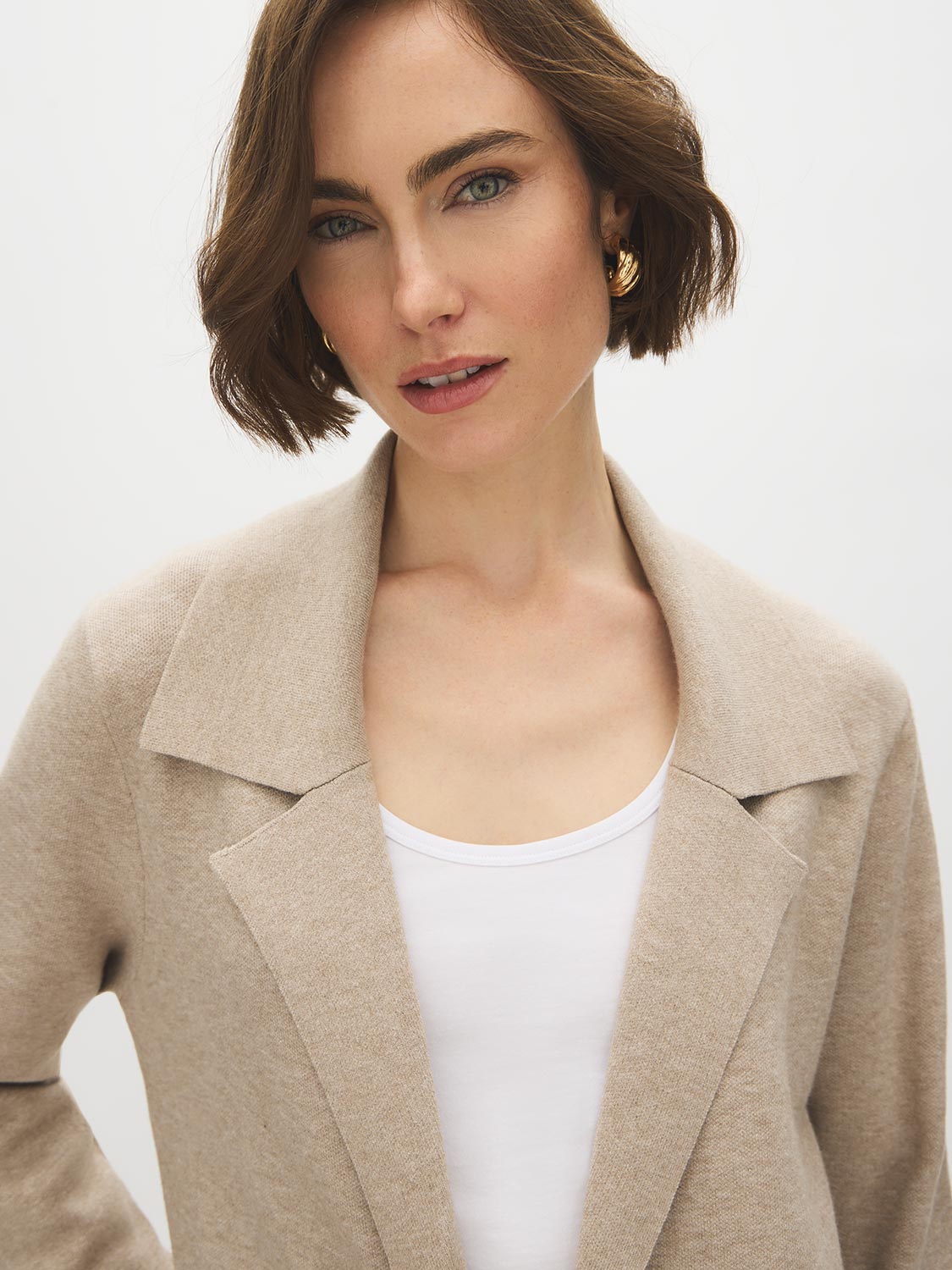 Pebble Melange Coatigan with Notch Collar - Close-up Collar Detail - Suzy Shier