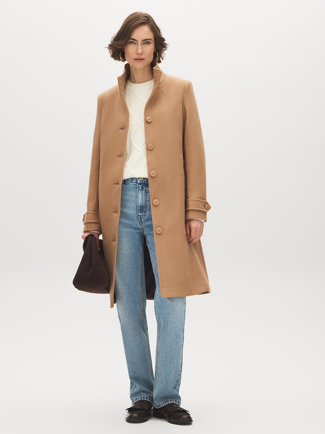 Camel Faux Wool Funnel Neck Coat with Wrap Belt - Front View - Suzy Shier