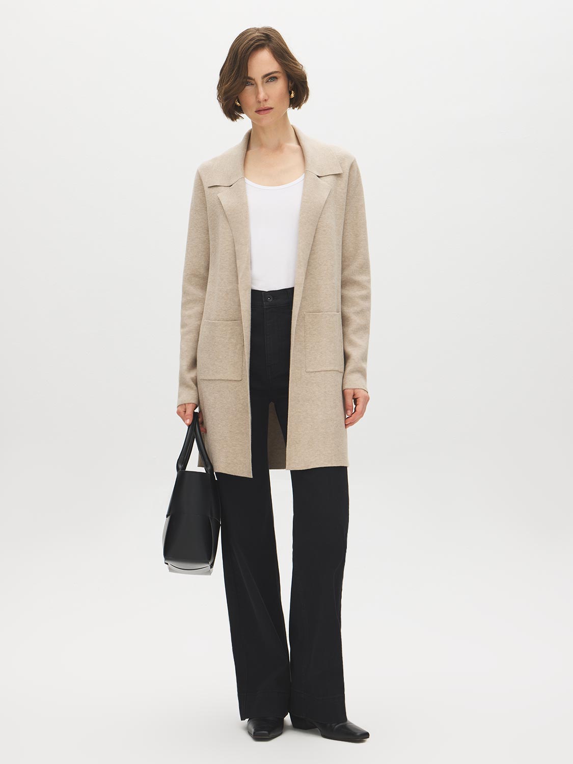 Pebble Melange Coatigan with Notch Collar - Woman Wearing Open-Front Knit Sweater - Suzy Shier