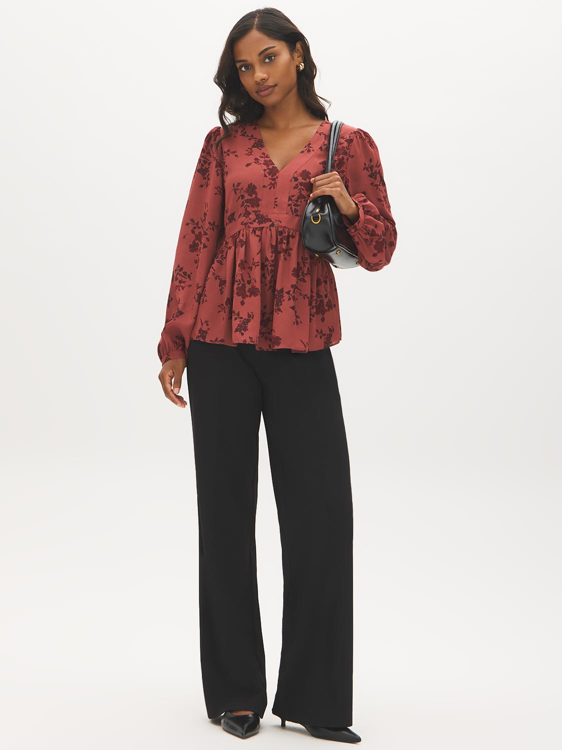 Apple Butter Printed Crinkle Satin Peplum Blouse - Front View - Suzy Shier